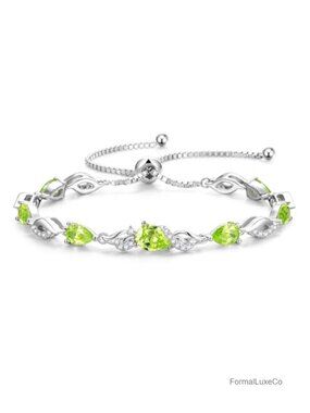 Sterling Silver Peridot Teardrop Tennis Bracelet Adjustable Slide Clasp Fine